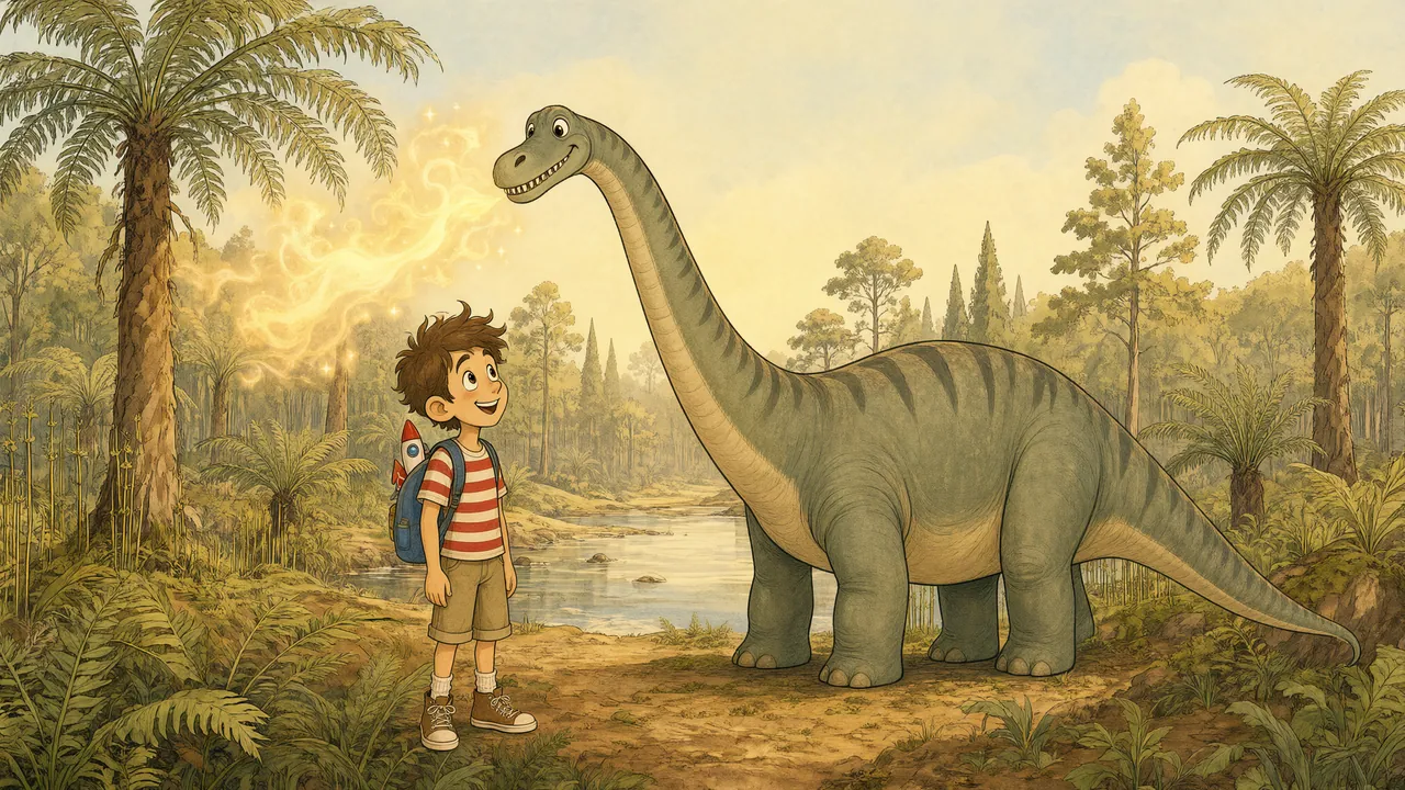 Ollie looking up at a Diplodocus in the Jurassic forest