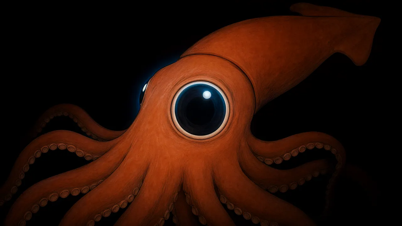 The huge eye of a giant squid in the dark deep sea